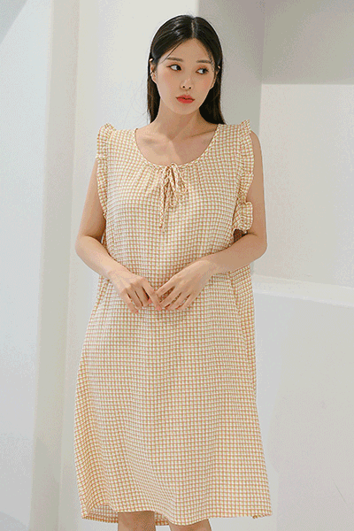 지지미 블럭체크 민소매 프릴 원피스 여성잠옷 홈웨어 4colors